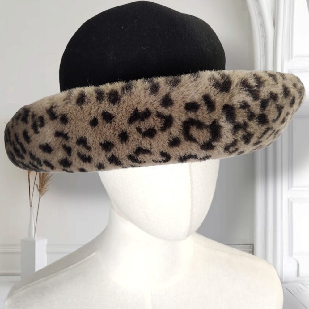 Black Wool Wide Brim Hat Leopard Faux Fur Trim Bollman Made USA Statement